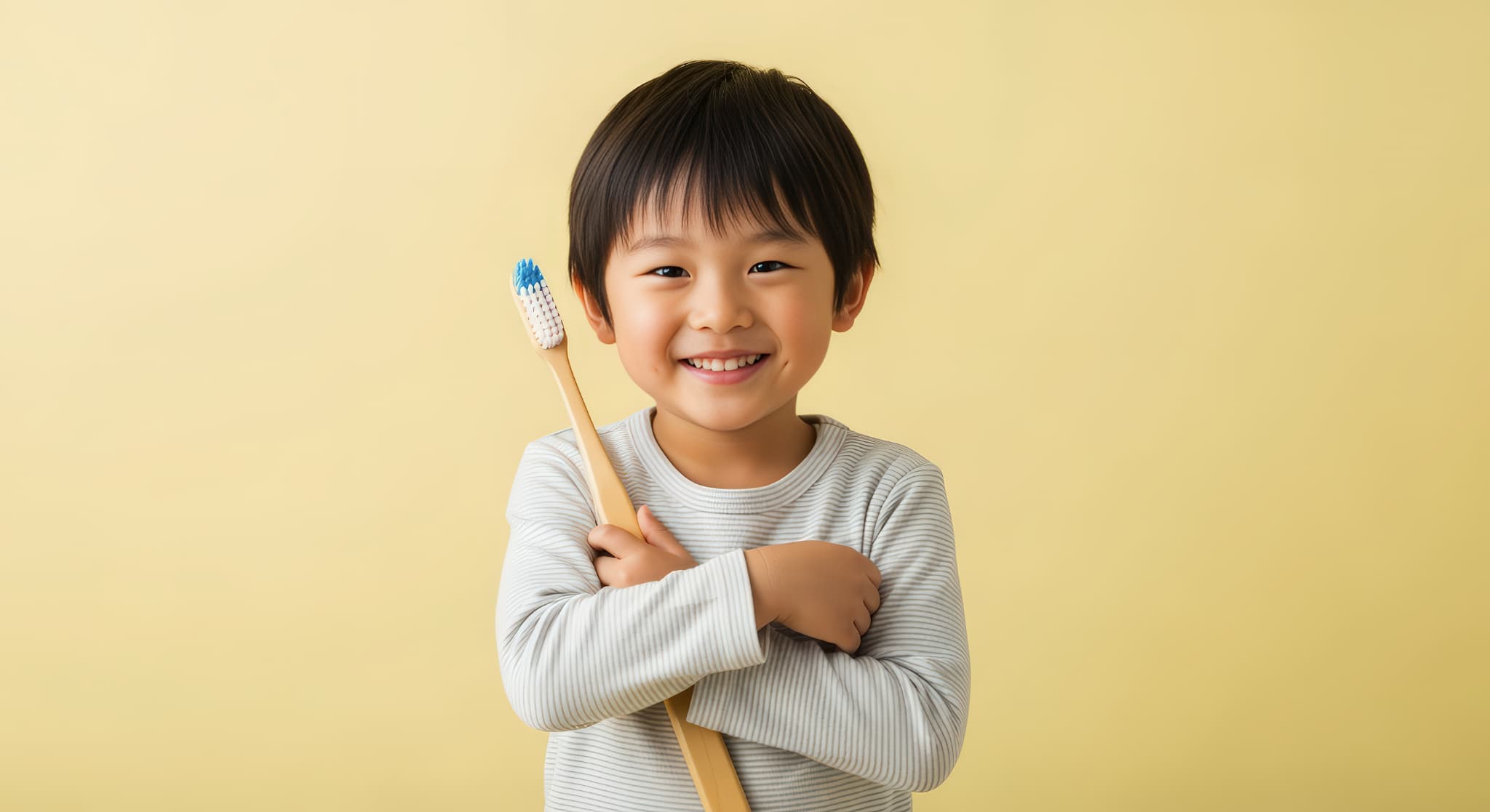 大きな歯ブラシを抱えて笑顔を見せる男の子