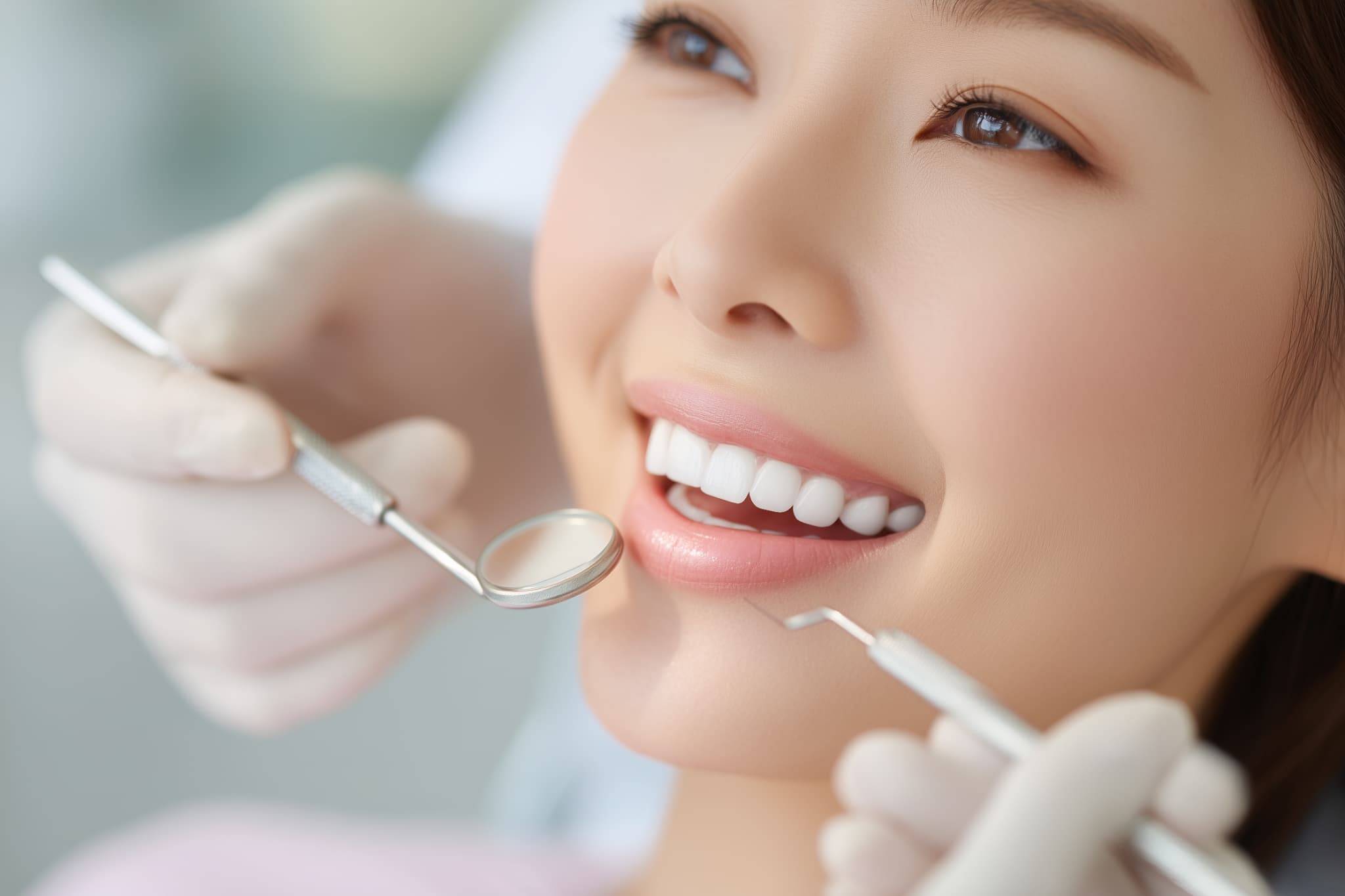 歯医者でクリーニングをうける女性