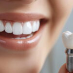 インプラント治療をした歯とインプラントを手に持ったイメージ